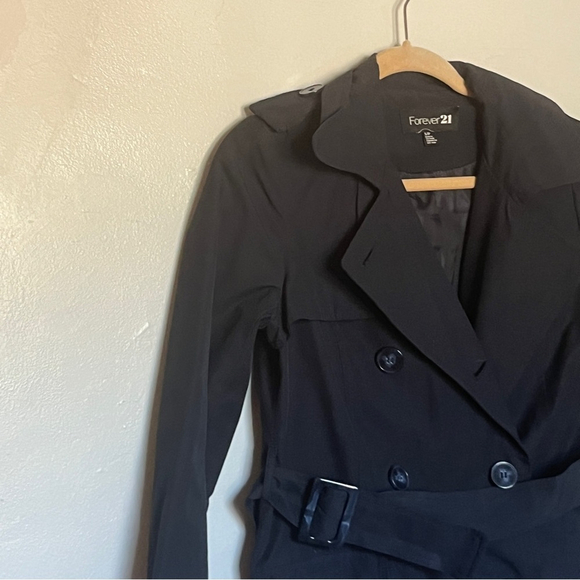 Forever 21 F21 Navy Blue Short Trench Raincoat Jacket w Belt, Size Small - Picture 3 of 10